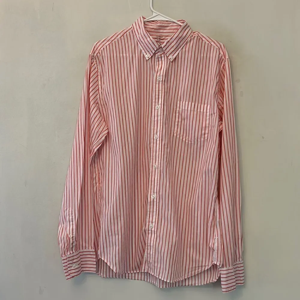 J Crew orange white striped cotton slim fit button down shirt Size L